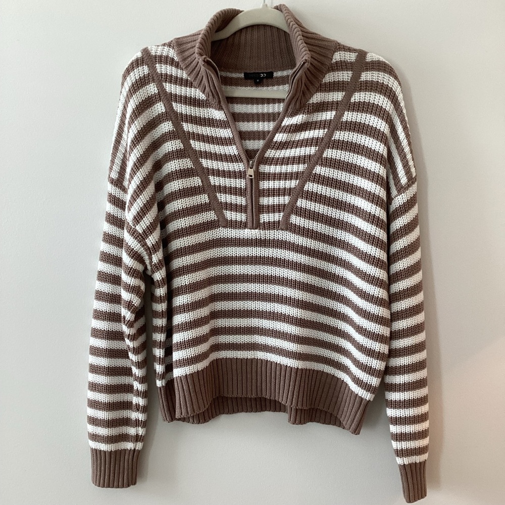 Papermoon Brown & White Striped Half-Zip Sweater